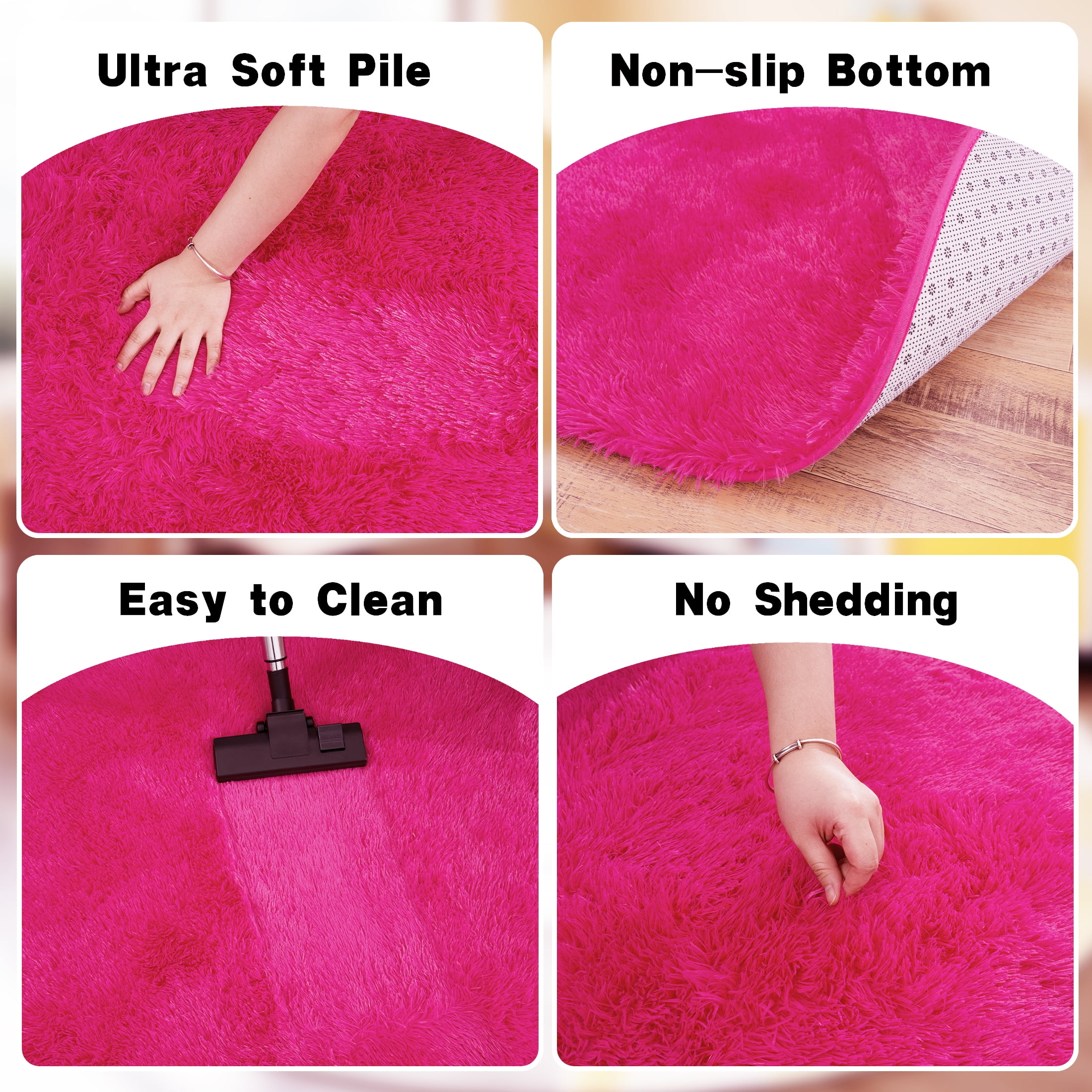Socofuz Round Fluffy Rug, Rosy Red 5×5ft Washable Carpet - Plush Shaggy Non-Slip for Girl's Bedroom, Children's Room Nursery Bedroom