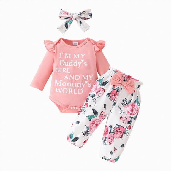 Baby Girl Clothes 0 3 6 9 12 18 Months Letter Print Daddy's Mommy's Girl Long Sleeve Ruffle Romper and Floral Pant Headband Sets Cute Baby Girl Winter Clothes