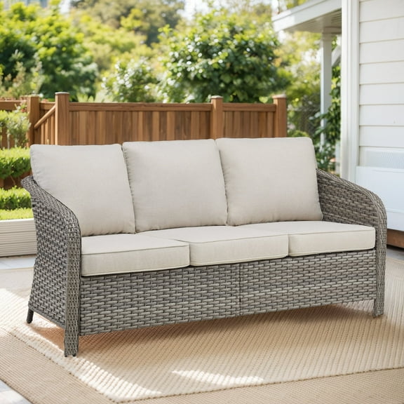 PPorfamilia 3-Seater Patio Wicker Sofa Outdoor Rattan Conversation Couch Furniture with Beige Cushions for Backyard Poolside Porch Deck