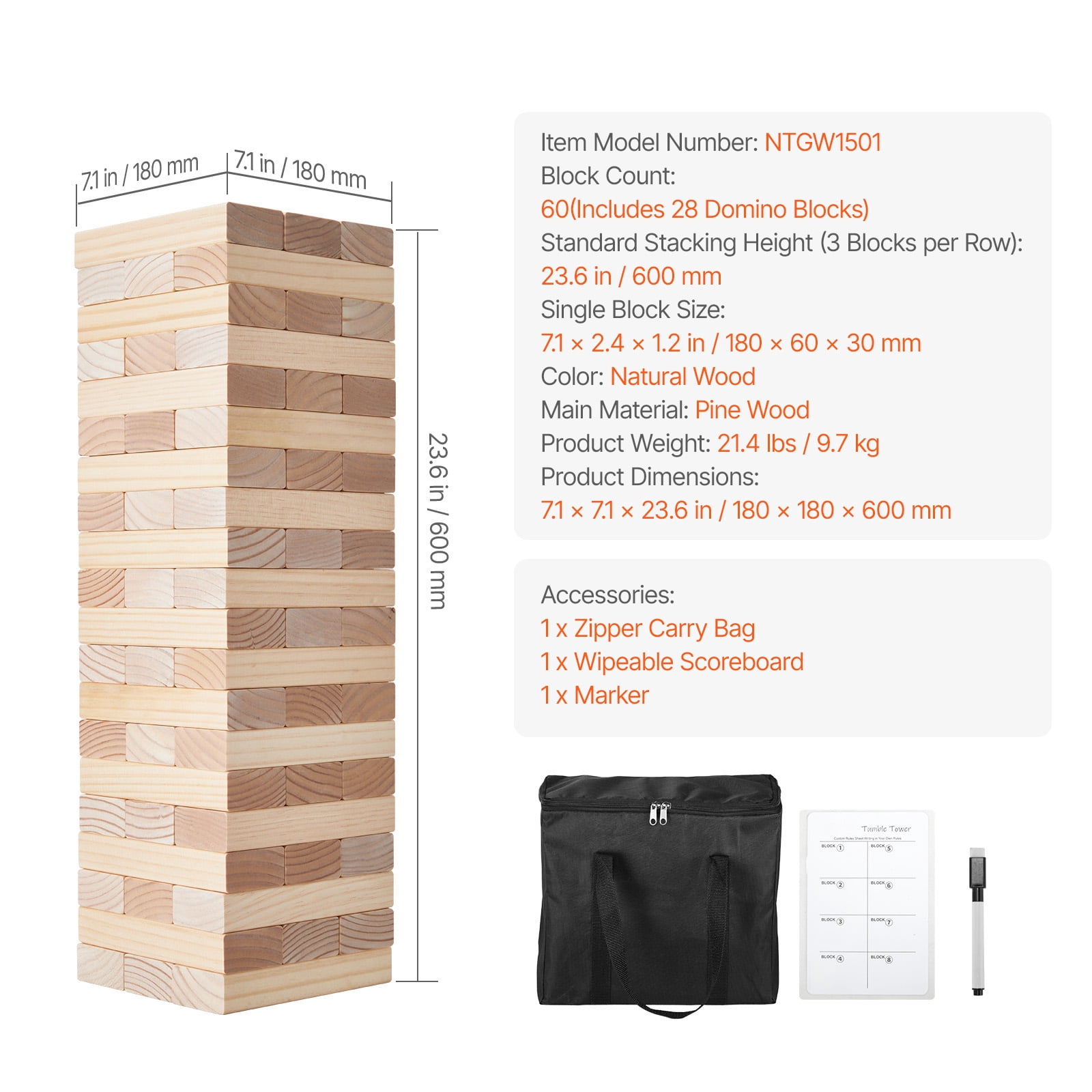KFFKFF Outdoor Game Giant Tumble Tower, Set of 60 Giant Tower Blocks, Crafted from Pine Wood, Comes with Portable Bag and Scoring Board, Wooden Pile-Up Game, Ideal for Family Fun Indoors/Outdoors