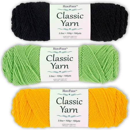 Soft Acrylic Yarn 3-Pack, 3.5oz / ball, Black Night + Green Lime + Yellow Golden. Great value for knitting, crochet, needlework, arts & crafts projects, gift set for beginners and pros