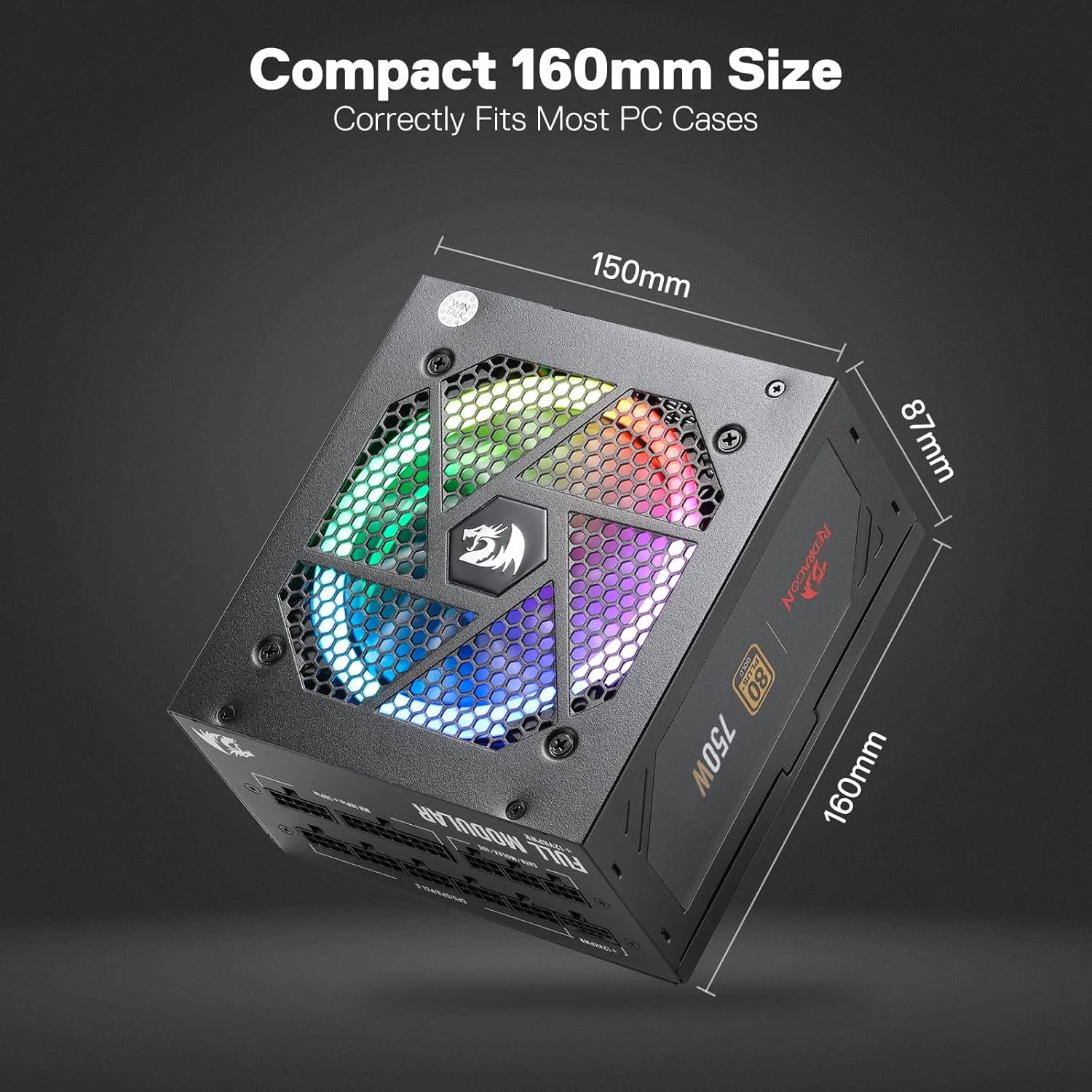 Redragon PSU006 80+ Gold 750 Watt ATX Fully Modular Power Supply w/ 80 Plus Gold Certified, Compact 160mm Size & RGB Low Noise Smart-ECO 0 RPM Fan, 100% Japanese Capacitors, Full Mod Cables, Black