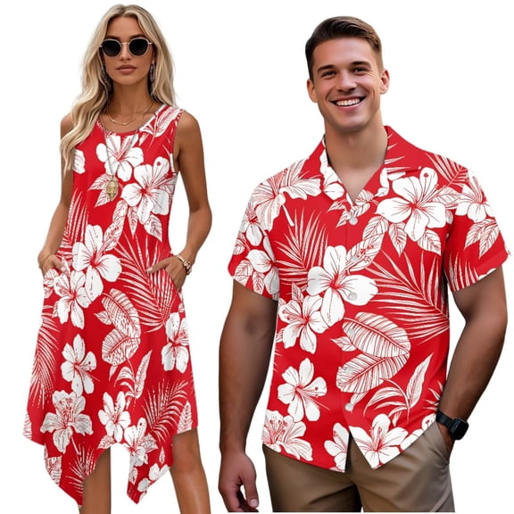 Garronmavis Matching Outfits for Couples Vacation Red Hibiscus Mens Short Sleeve Shirt Size M Polyester and Women's Tank Dress with Pocket Hawaiian Vacation Sundress