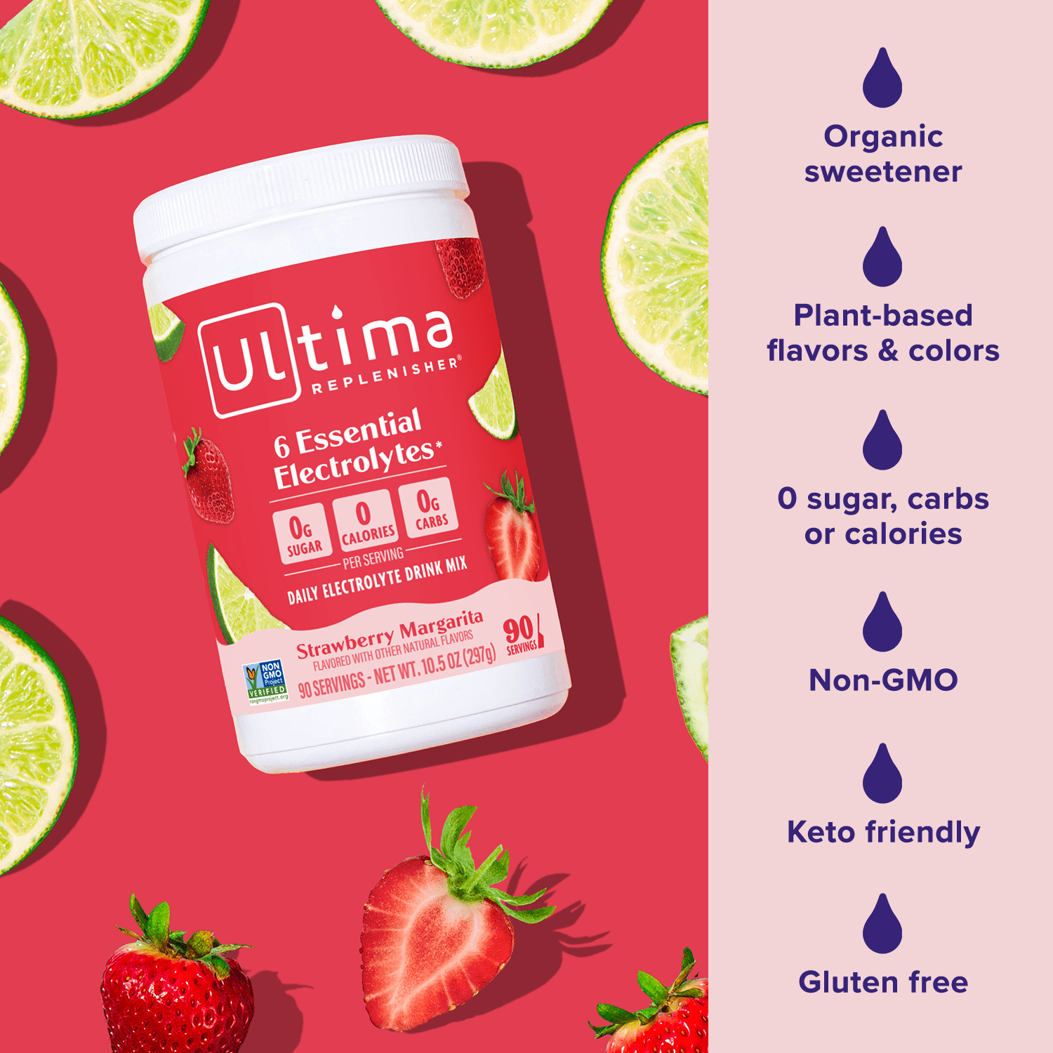 Ultima Replenisher Hydration Electrolyte Powder Drink Mix, Sugar-Free Strawberry Margarita Mocktini 90 Servings