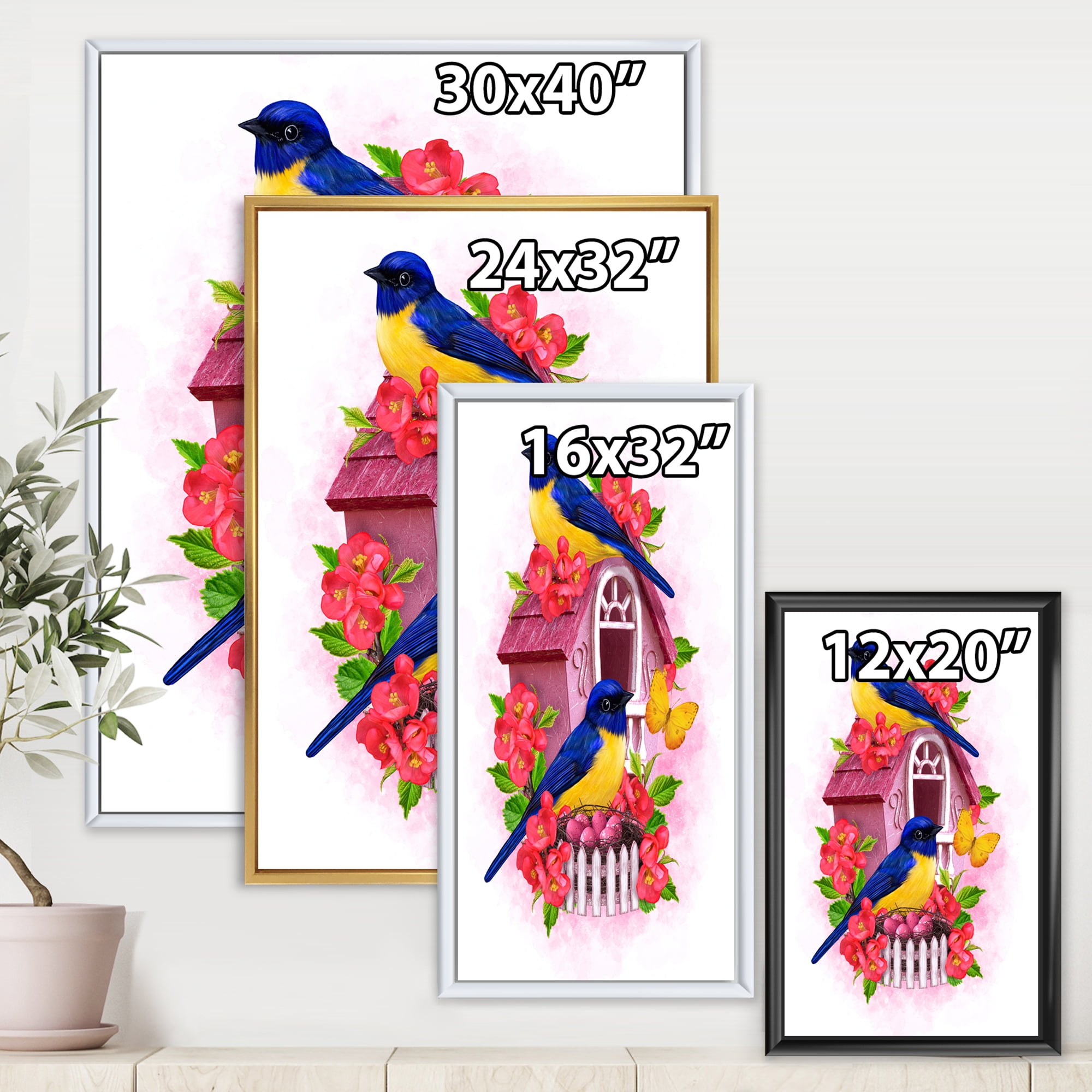 Designart 'Two Yellow and Blue Tit Birds Sitting Near The Nest' Traditional Framed Canvas Wall Art Print