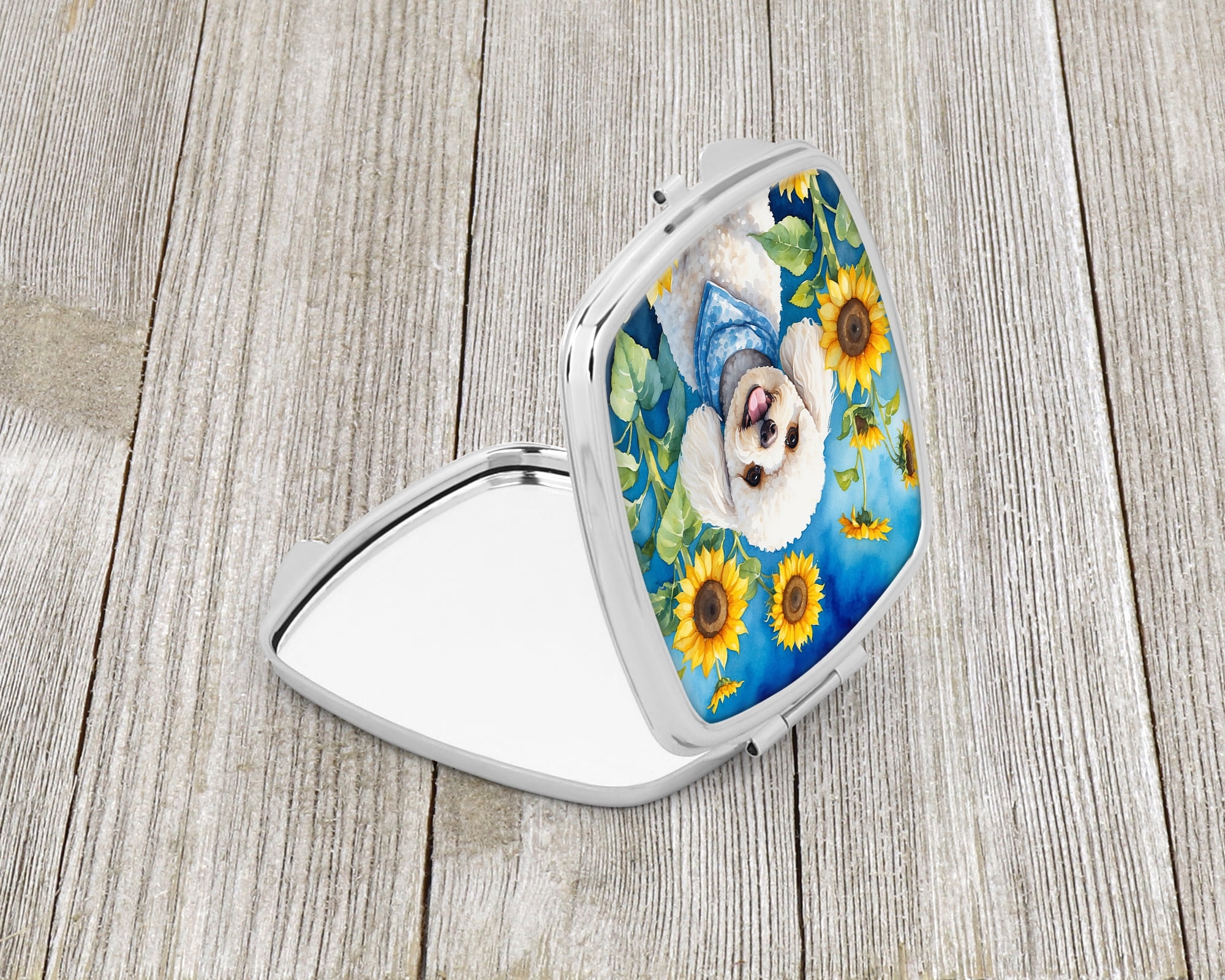 White Poodle in Sunflowers Compact Mirror 2.75 in x 3 in