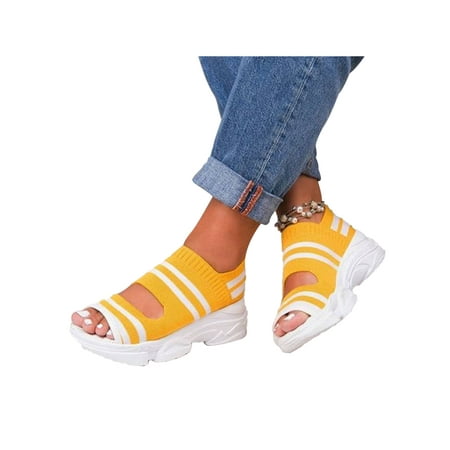 

UKAP Women Knitting Breathable Sandals Wedges Platform Sandals Comfortable Shoes Striped Printed