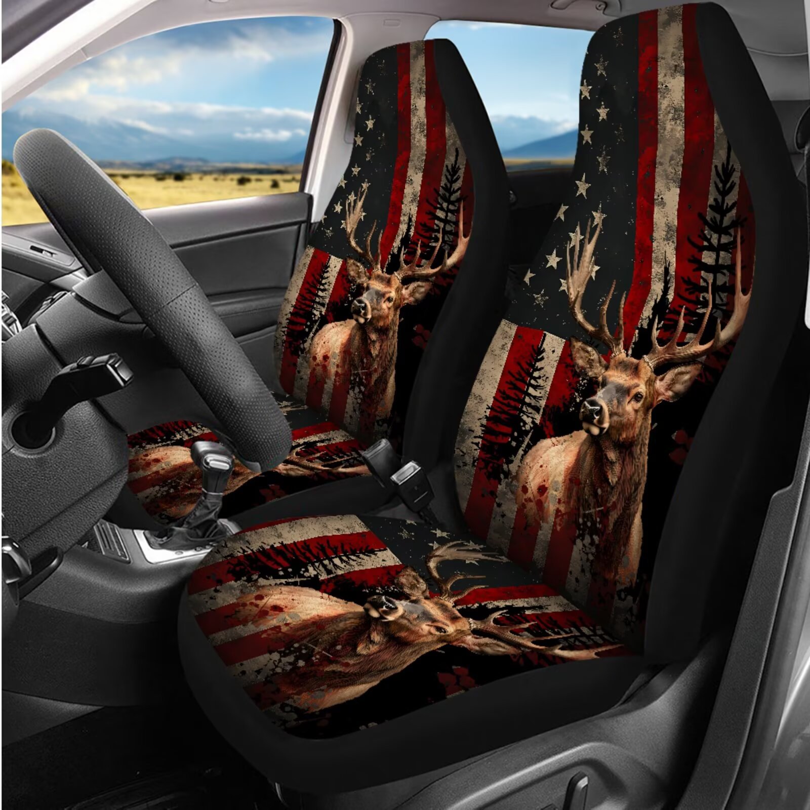 Garronmavis American Flag Deer 14 Pcs Car Accessories Full Set with Head Rest Protector Car Steering Wheel Cover Arm Rest Cover Seat Belt Covers Keychain and Coaster Compatible with Cars,SUV