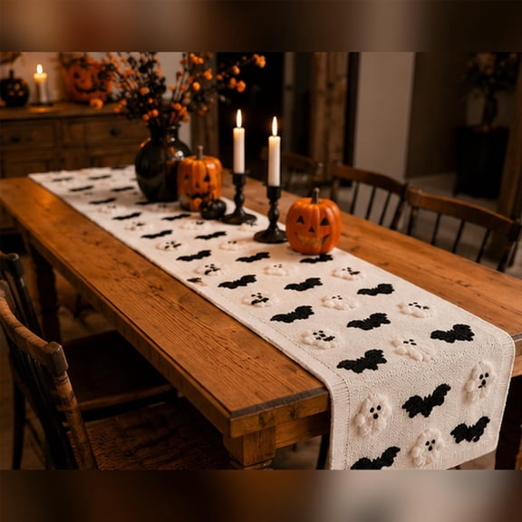 Halloween Knitted Table Runner, 3D Plush Ghost & Black Bat Embroidered Table Decor Farmhouse Table Scarf, Seasonal Holiday Table Runner for Dining Table Kitchen Home Halloween Party Decor