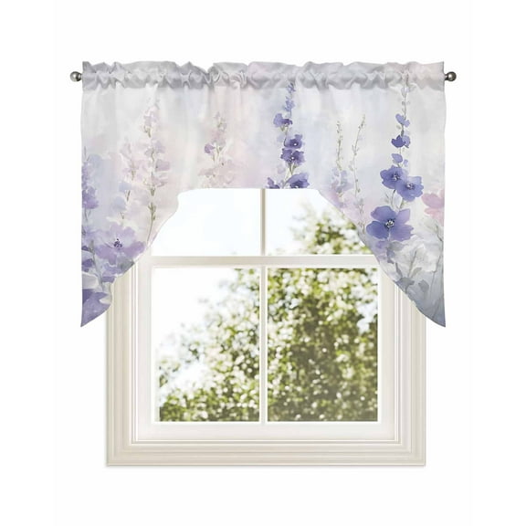 Lavender Kitchen Curtains Swag Valance for Windows/Bathroom/Cafe, Pastoral Pastel Purple Pink Wildflower Rod Pocket Drape Panel Swag Curtains Valance for Bedroom/Living Room 56"x36"