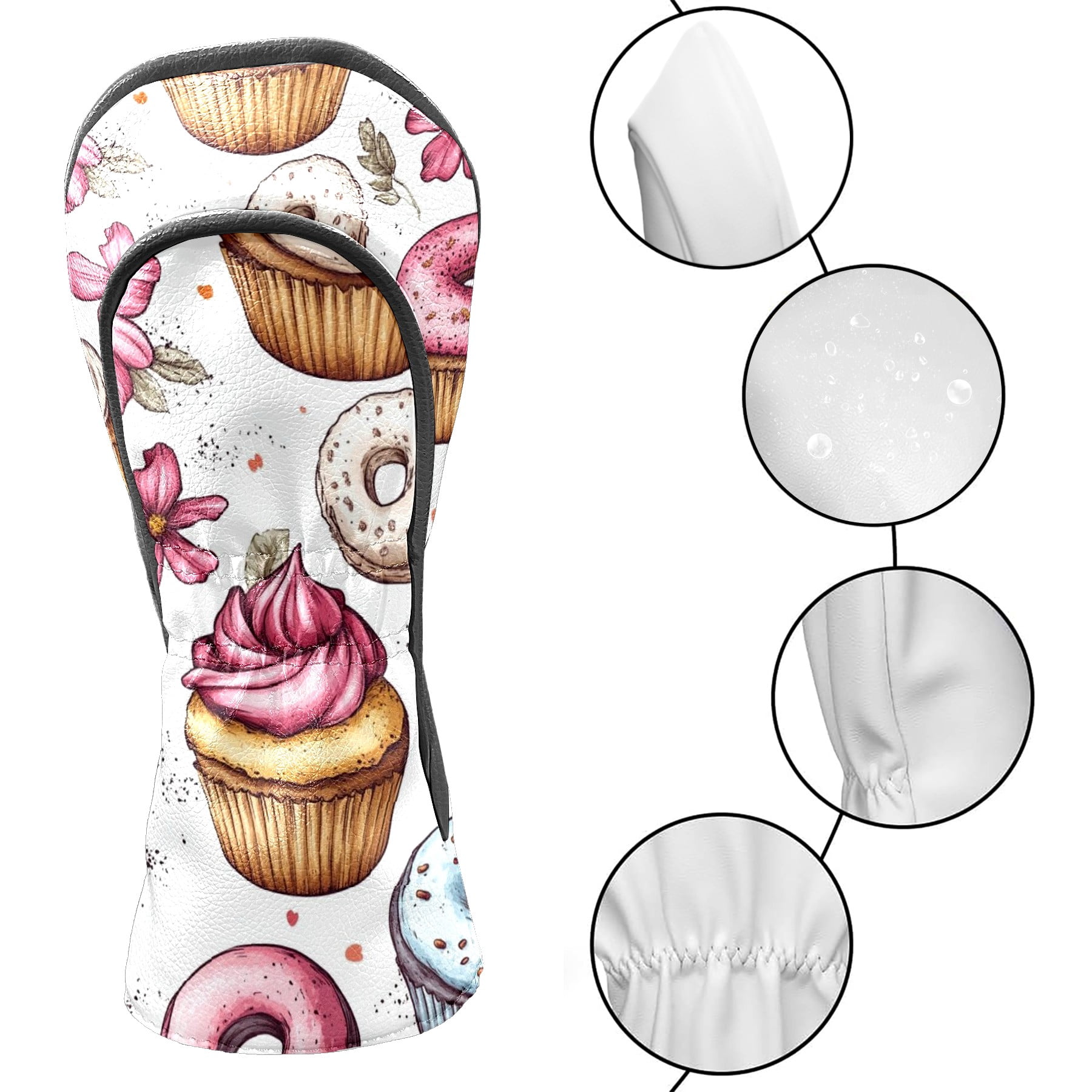 Golf Head Covers Cake Pattern for Driver, Wood & Hybrid, Premium Waterproof PU Leather with Plush Lining, Fun Food Golf Gifts