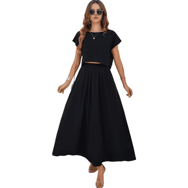 Conjunto de Falda de Verano para Mujer, 2 Piezas, Top de Corta, Cintura Elástica, Vestido con Bolsillos, Negro, Talla M