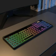 Wireless Keyboard with 7-Color RGB Backlit, Marvo Full-Size Computer Keyboard with Phone Tablet Holder, Rechargeable 2.4G Wireless Gaming Keyboard with Light up Keys, Compatible with Mac,Window,Black