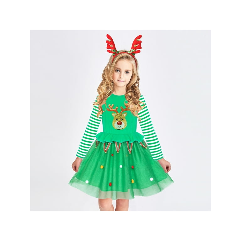 Girls Dress Reindeer Headband Green Jingle Bell Party Dress 5 Years -  Walmart.com