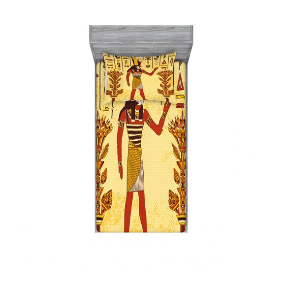 Ethnic Bedding Set with Sheet & Covers, Egyptian Hieroglyph with Symbolic Figure Retro Myth Papyrus Graphic, Printed Bedroom Decor 2 Shams, 4 Sizes, Pale Yellow Marigold Red, by Ambesonne