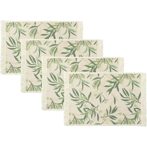 Fennco Styles Light Green Berries & Leaves Printed with Fringe Placemats 14" W x 19" L, Set of 4 - Botanical Design Table Mats for Dining Room, Banquets, Family Gatherings, and Holidays