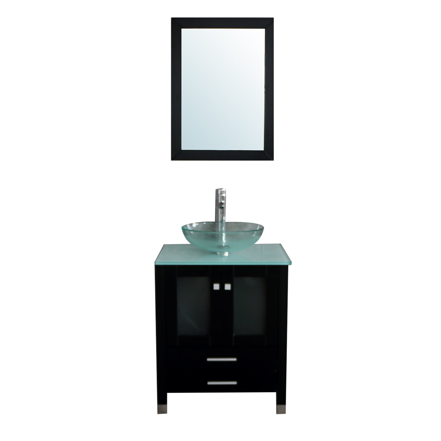 Wonline 25" Single Bathroom Vanity Cabinet Solid Wood w/ Glass Sink Faucet Mirrors