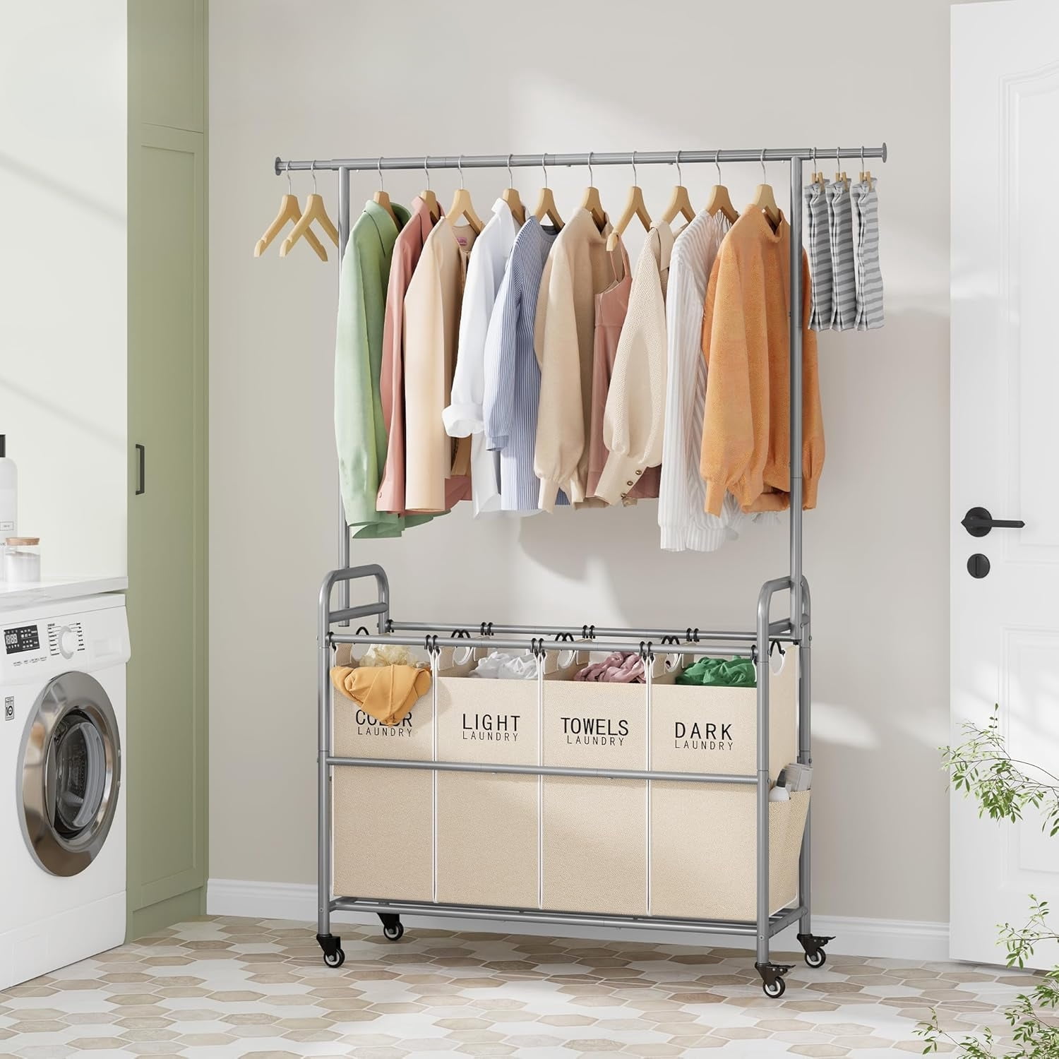 Laundry Sorter Cart with Hanging Clothes Rack, 4 Butler Sorter Basket Organizer, Laundry Hamper Cart with Heavy Duty Rolling Lockable Wheels
