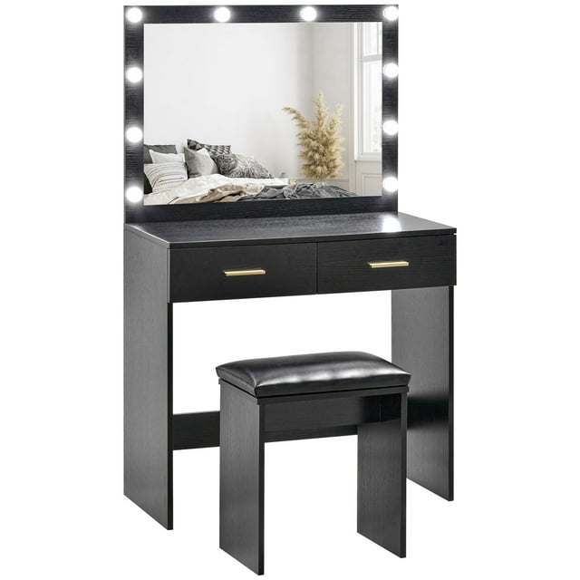 HOMCOM Makeup Vanity Desk and Stool Set with LED Lighted Mirror, Black