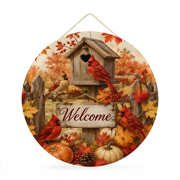 Welcome Sign for Front Door, Thanksgiving Round Metal Wall Art Wreaths, Fall Barn Cardinal Pumpkin Maple Leaves Outdoor Indoor Wall Hanging Sign for Porch Decor Housewarming Gifts 11.8 Inch