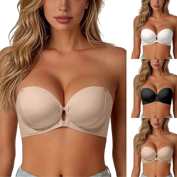 Mokibras Strapless Bra for Women, Wireless Front Closure Push up Padded Non Tube Jelly Bra, Invisible Strapless Bras with Detachable Shoulder Straps