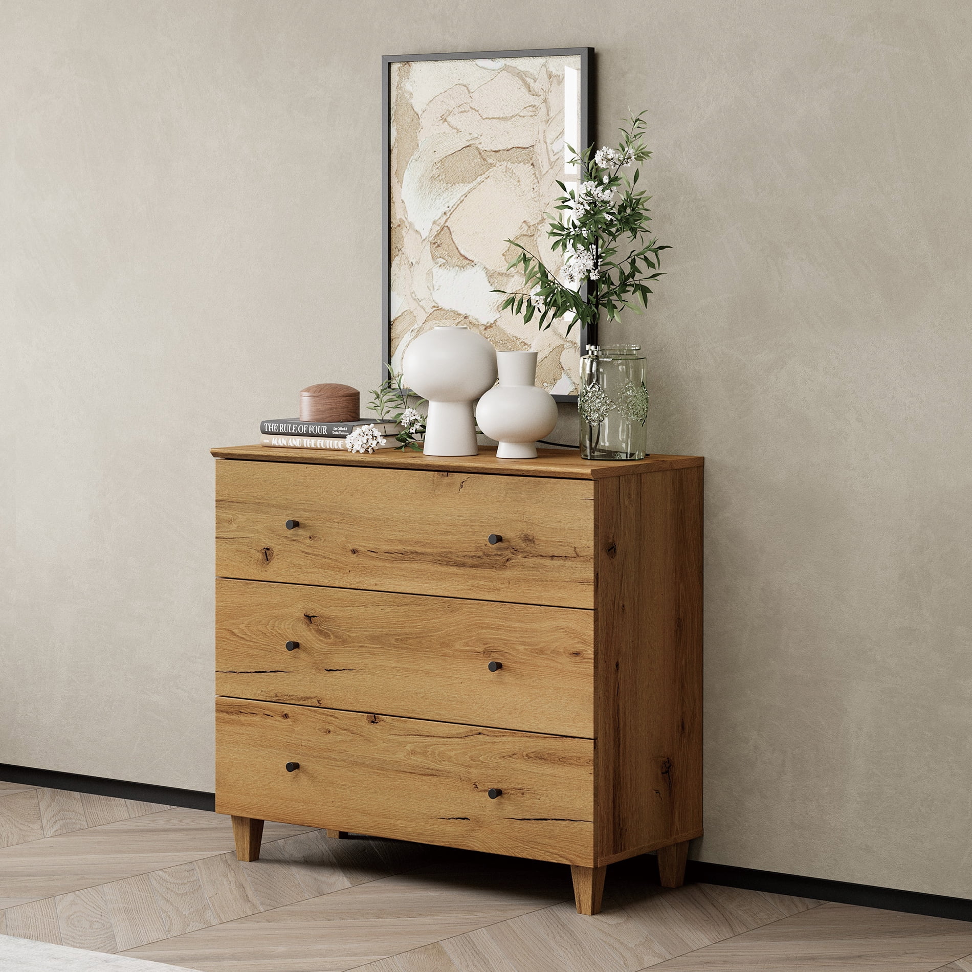 3-Drawer Dresser for Bedroom, Wood Bachelors Chest, 35.4 Inches Wide Chest of Drawer for Closet Organizer, Oak Brown
