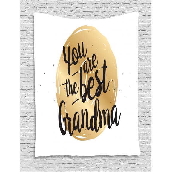 Grandma Tapestry, Doodle Style Circular Motif Dots Background and Hand Lettering Quote, Wall Hanging for Bedroom Living Room Dorm Decor, 60W X 80L Inches, Beige Charcoal Grey White, by Ambesonne