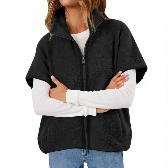 Mgmyaa Women's Short Sleeve Vest Jacket Stand Collar Full Zip Fleece & Leather Accent Pocket Fashion Outerwear Layer