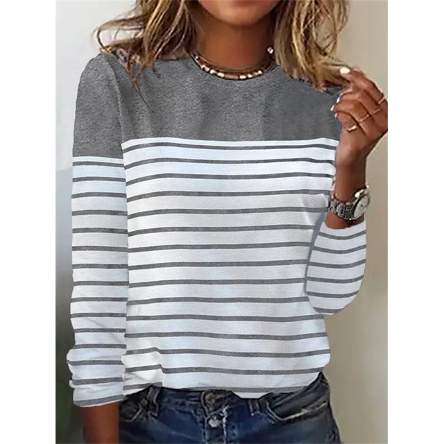 Tops de manga larga a rayas de contraste de Color para mujer, camiseta suelta informal cómoda, camisetas elegantes de cuello redondo para mujer, otoño