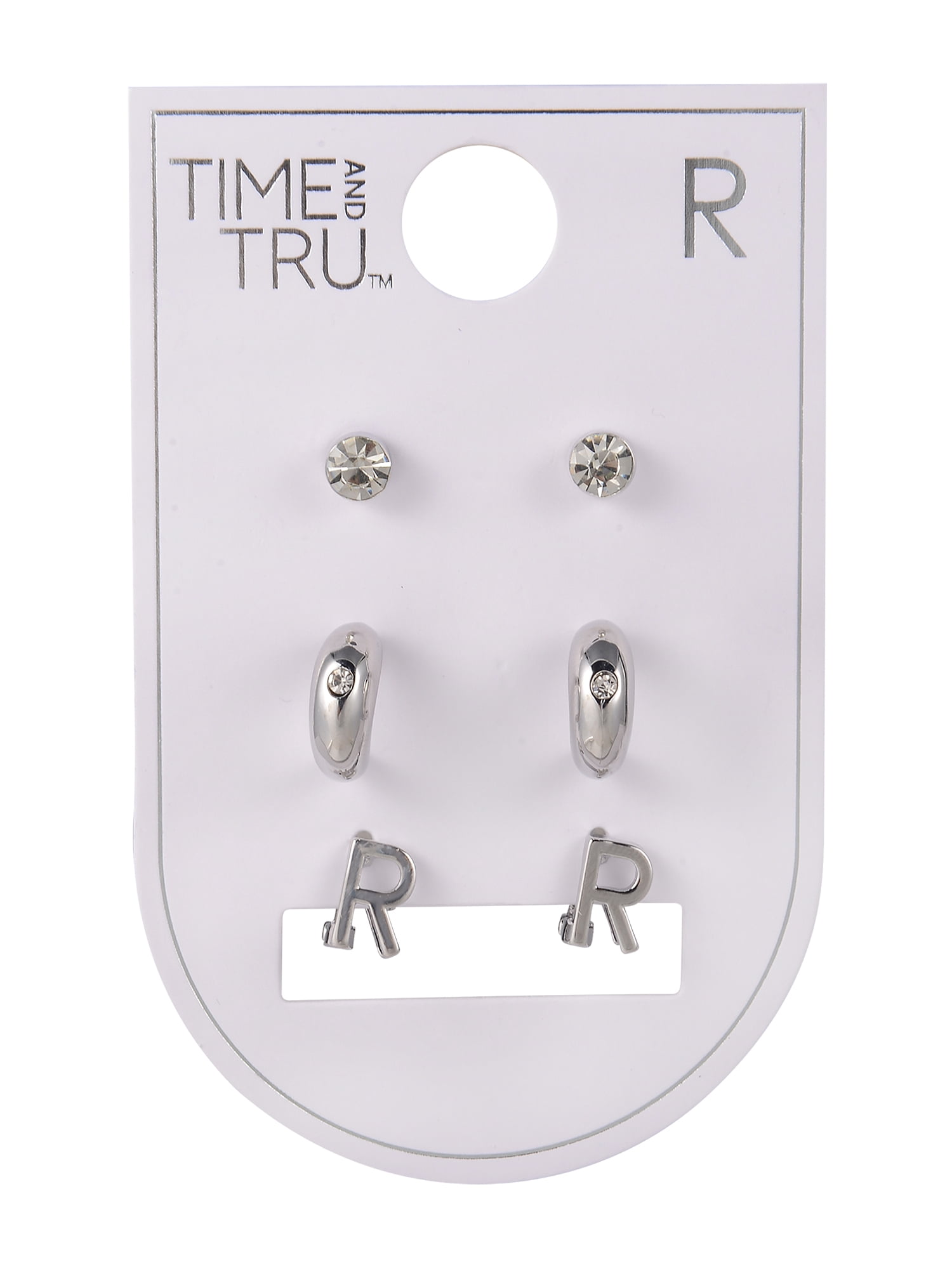 Time and Tru Silvertone 3-On Crystal Stud, Hoop, Initial "R" Earring Set