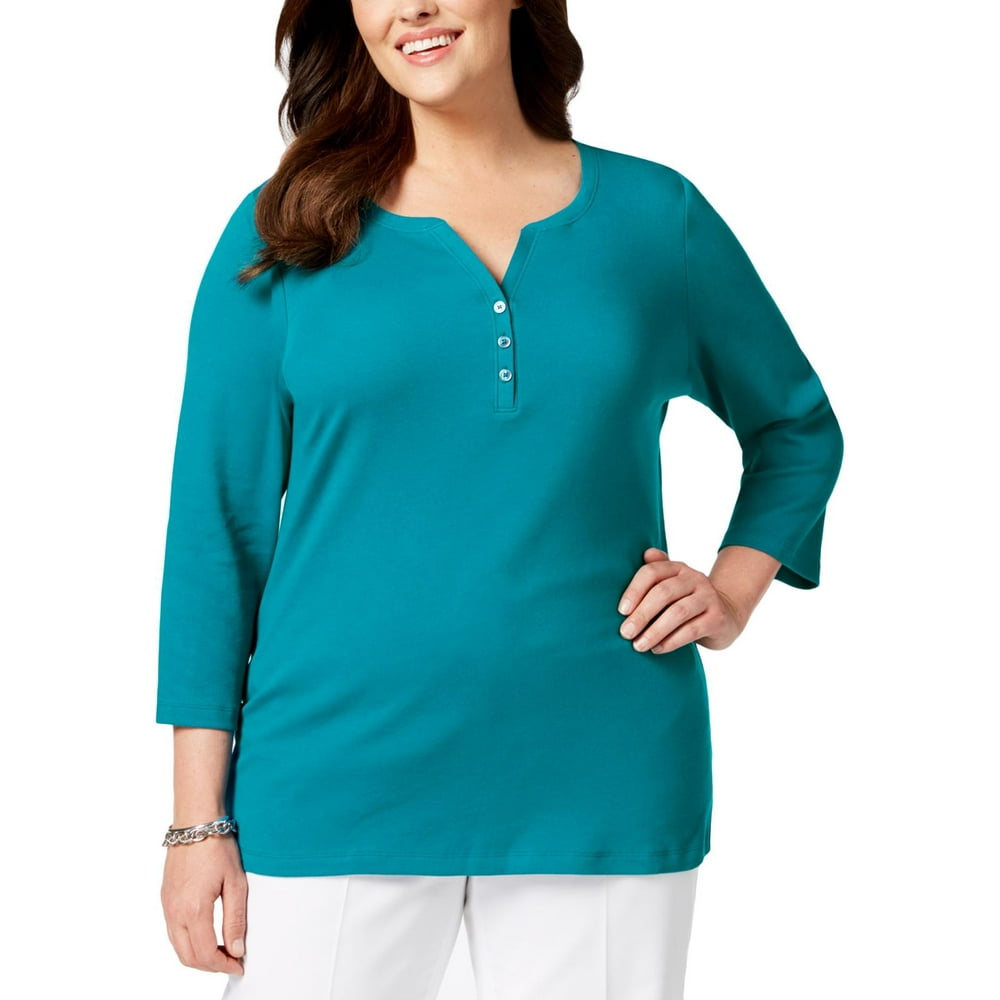Karen Scott Karen Scott Womens Plus 3/4 Sleeve V Neck Henley Top