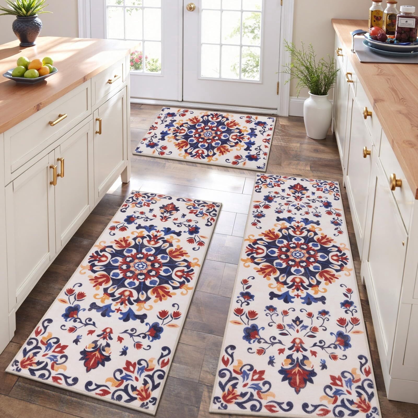 Findosom 3pcs Washable Kitchen Rug Set,Non-Slip Floral Boho Kitchen Mats Kitchen Runner Rug Floor Carpet for Hardwood Floor,Sink,Entryway,Bathroom,Home Decor,20"x32"+20"x48"+20"x59"