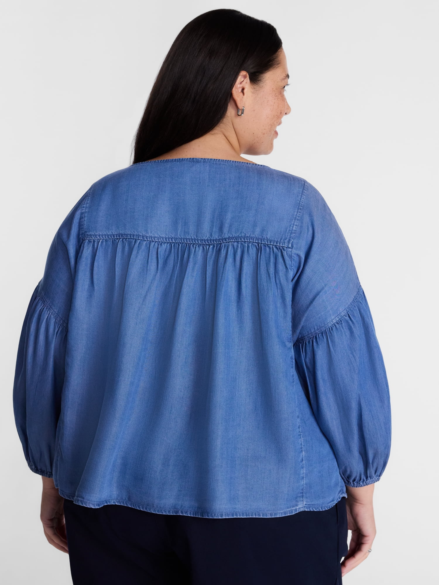 Terra & Sky Pleated Keyhole Front Blouse with Long Puff Sleeves, Sizes 0X-5X