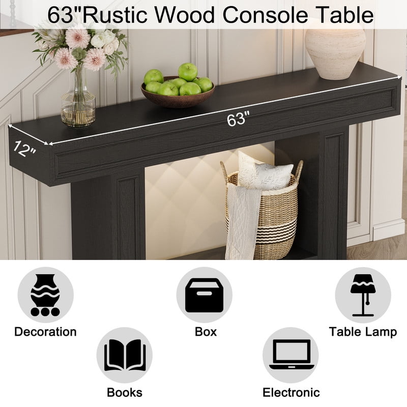 PLAMLE 63 Inch 2-Tier Console Table with Sensor Lights, U-Shaped Base Sofa Table for Entryway, Hallway, Living Room, Foyer, Narrow Small Spaces