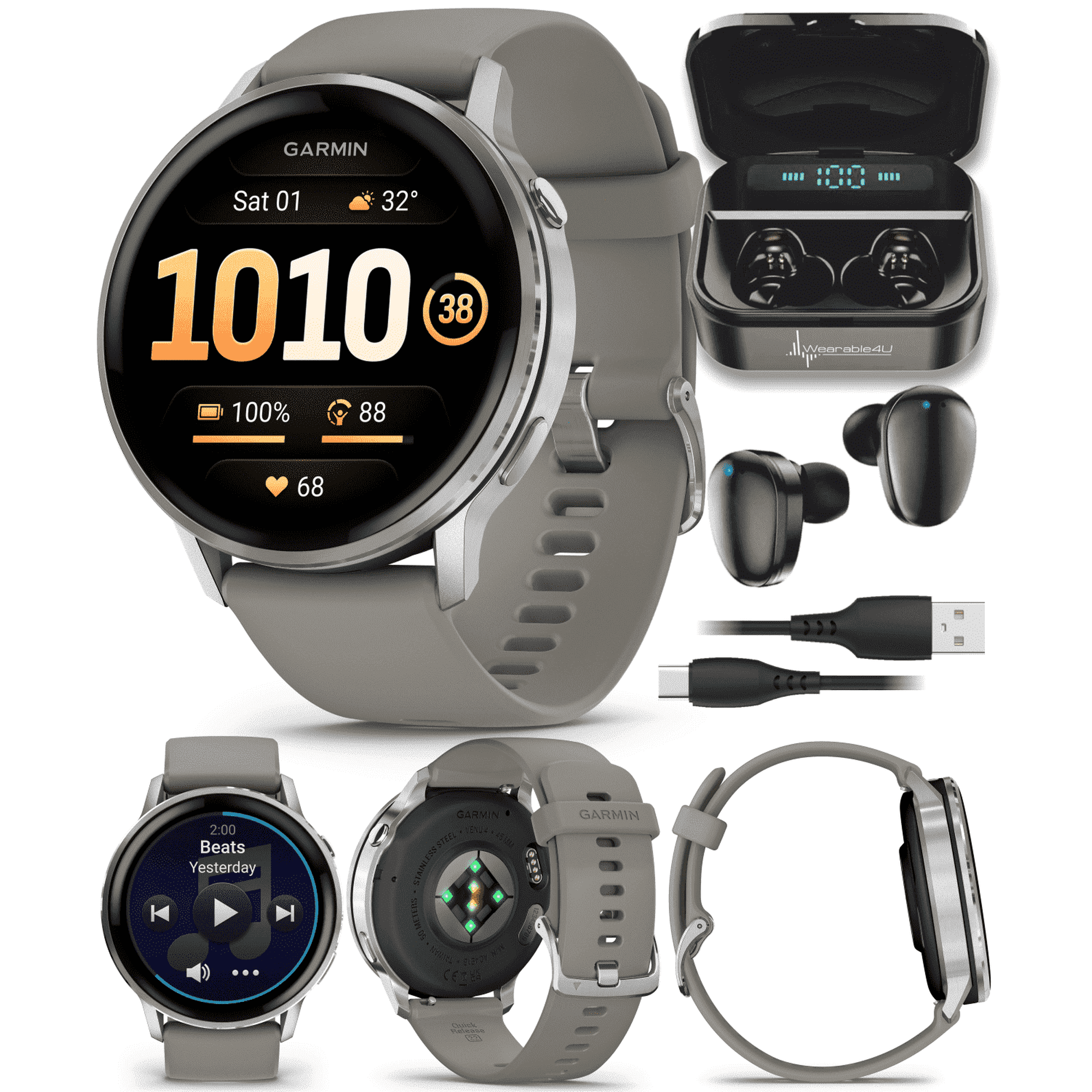 Garmin Venu 4 - 45mm AMOLED Advanced Health & Fitness GPS Smartwatch, Bright & Colorful Display, Flashlight, Up to 12 Days, Silver w/Silver Gray Silicone Band w/Wearable4U Black EarBuds Bundle