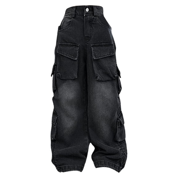 EnJoCho Kids Cargo Denim Jeans Straight Wide Leg Baggy Pants Girls Boys Casual Washed Black Trousers Hiphop Streetwear Elastic Waist Comfort Jeans Pants