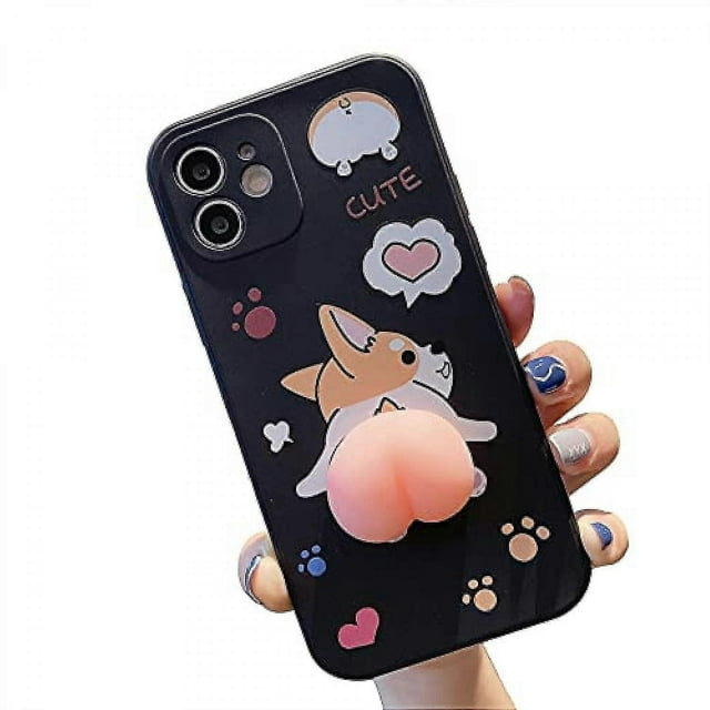 Newway Men And Women Creative Funny Novelty Waving 3d Pink Butt Animals Soft Tpu Silicone Rubber Phone Case, compatible Iphone 13||corgi Butt Black