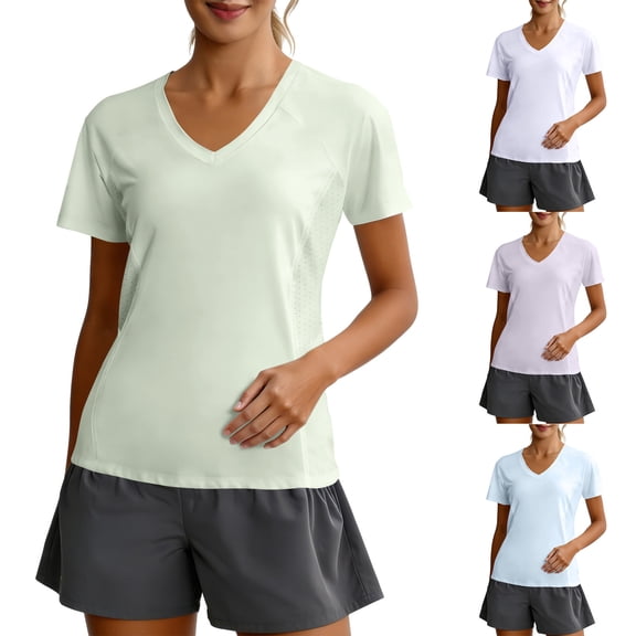 Kajonyu Women's Polyester V Neck Short Sleeve Workout Active Top
