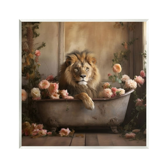 Stupell Industries Lion in Flower Filled Tub Animals & Insects Painting Unframed Art Print Wall Art, 12 x 12