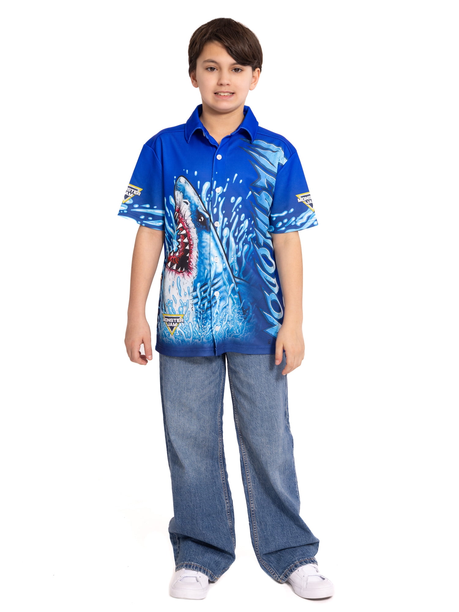 Monster Jam Megalodon Boys Button Shirt with Short Sleeves, Sizes 4-16