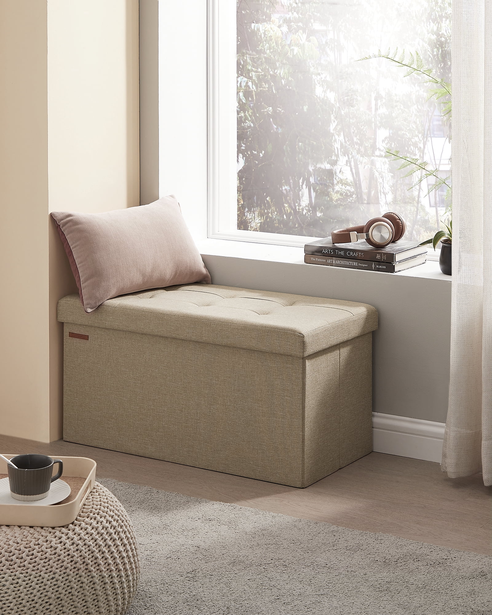 SONGMICS 30" Storage Ottoman Bench Ottoman with Storage Footstool Hold up to 660 lb for Bedroom Living Room Light Taupe