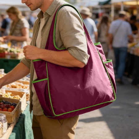 Color Block Shopping Bag Large Capacity Waterproof Folding Tote with Cup Holder Portable Polyester Shoulder Bag for Daily Travel Reusable Storage Bag for Shopping and Outdoor Use