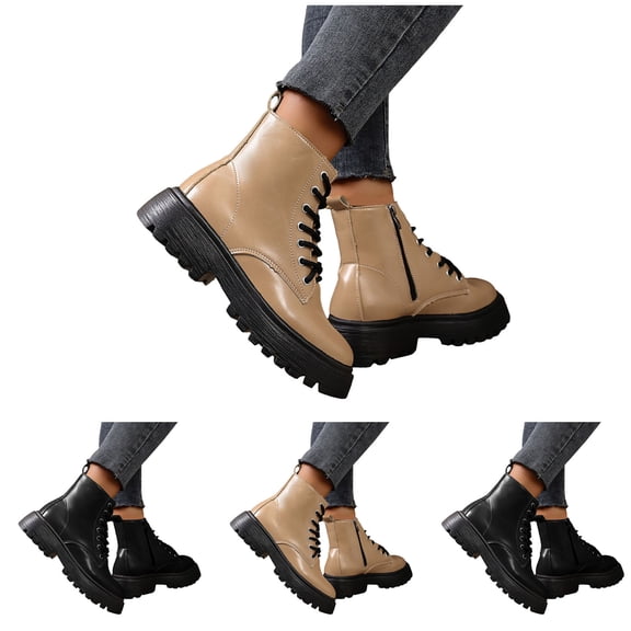 Dakaela Women's Combat Boots Lace up Side Zipper Platform Ankle Booties Lug Sole Chunky Low Heel Western Motorcycle Riding Fall Shoes Black 6
