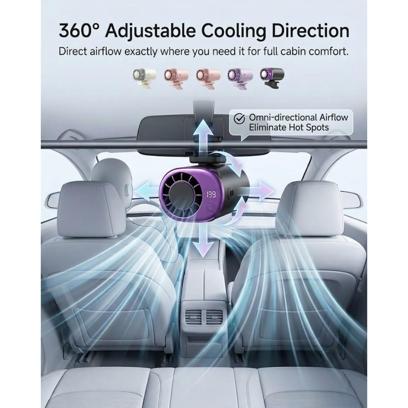 Car Clip on Air Conditioner Fan with LED Display – 360° Rotation, 199 Speeds, Semi-Cooling, USB Rechargeable Portable Mini Cooling System for Auto, SUV, Truck, Tent