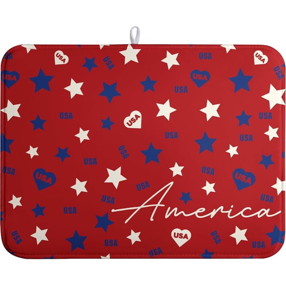 4th of July Patriotic Dish Drying Mat Red Kitchen Mat Dish Drying Pad Absorbent Dish Dryer Mat for Kitchen Countertops Microfiber Drainer Pad Dish Drying Rack Mat (18x24 in)