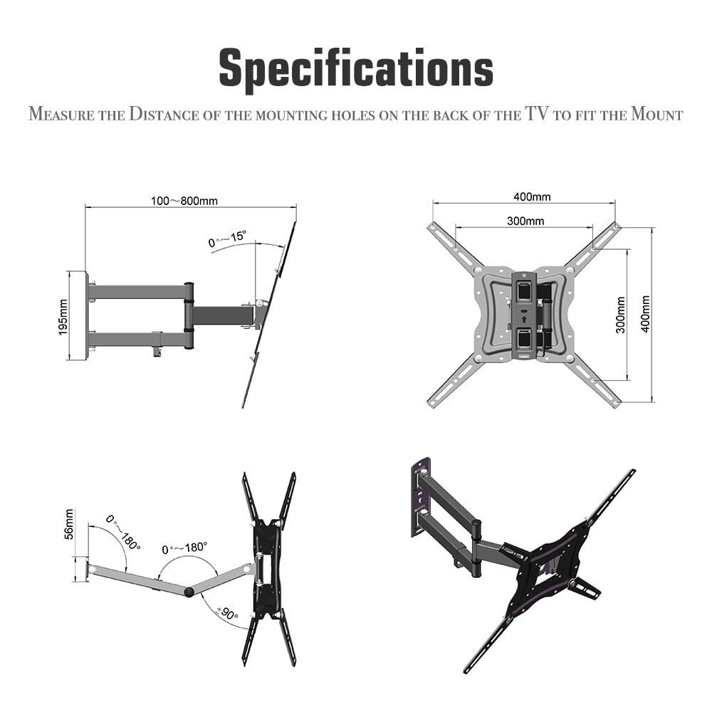 UWR-Nite TV Mount for Most 26-55 Inch TVs, Full Motion TV Wall Mount with Perfect Center Design on Single Stud Articulating Mount Max VESA 400x400mm up to 66 LBS