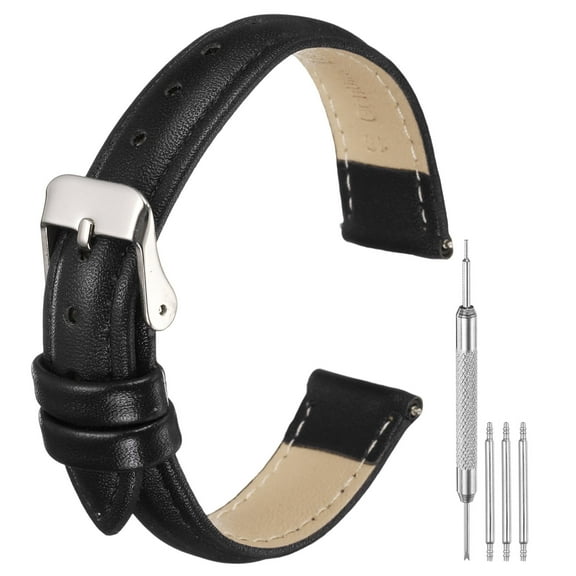 Uxcell Leather Watch Bands for Men and Women, 16mm Quick Release Watch Strap Replacement, Flat Thin Elegant Leather Watch Strap with Strap Tools, Black