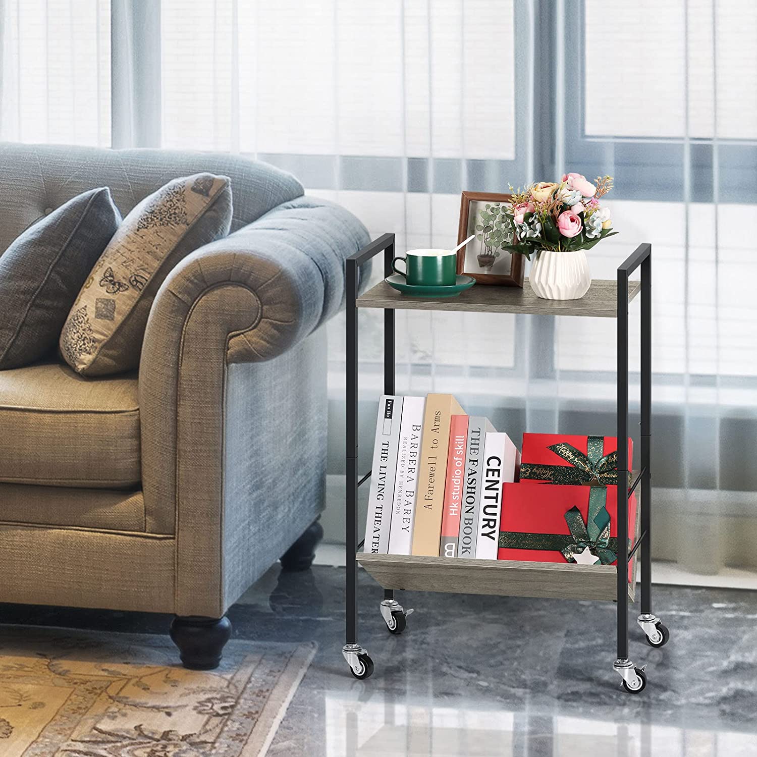 2 Tier Record Player Stand End Table with Vinyl Storage Shelf, Gray