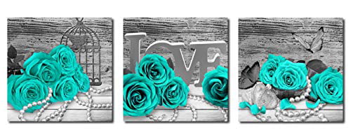 Turquoise Rose Canvas Wall Art Teal Blue Green Flowers Prints Black and White Floral Pictures for Bathroom Bedroom Home Decor 12 x 12 Inches 3 Pieces