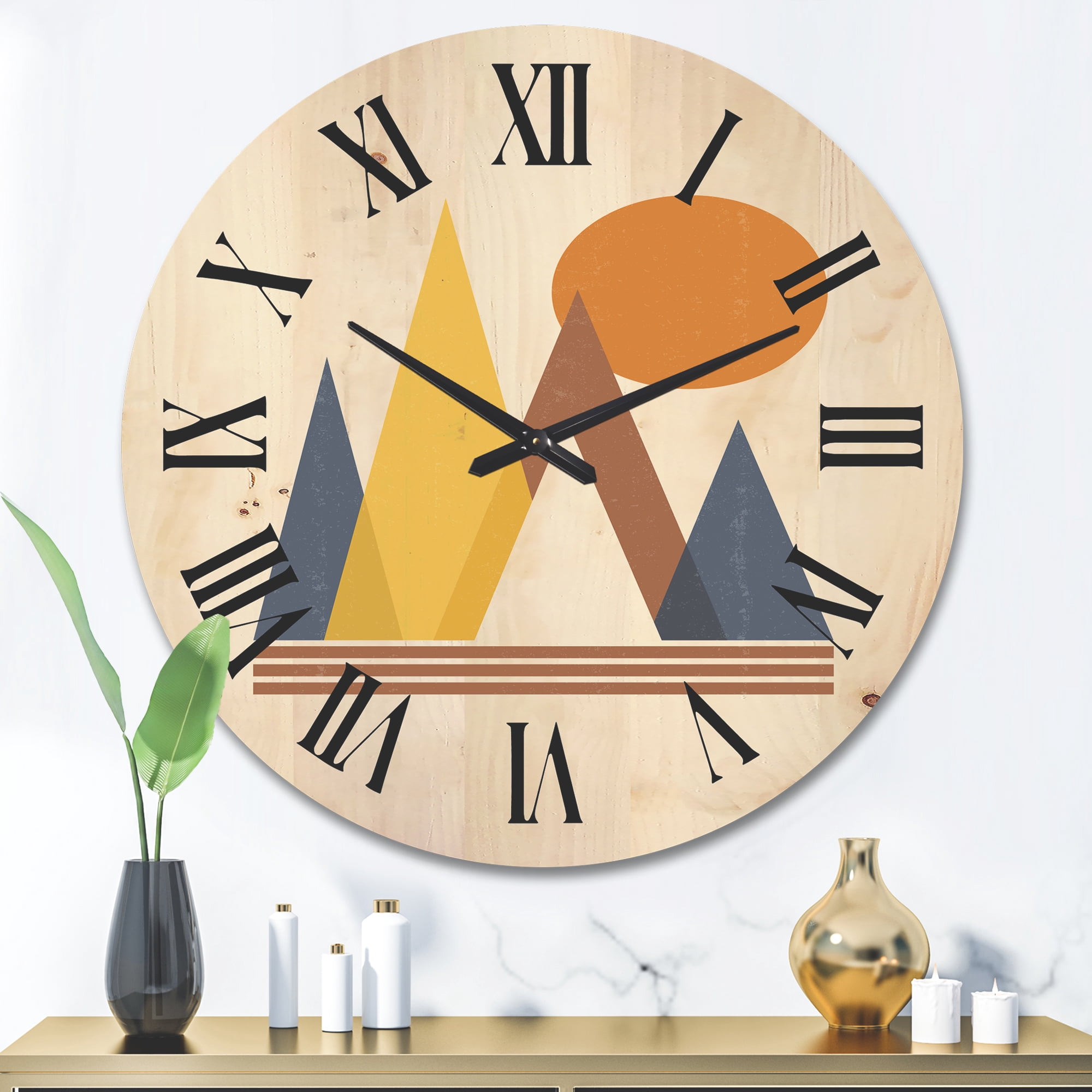 Designart 'Sun and Mountain Abstract' Modern Wood Wall Clock